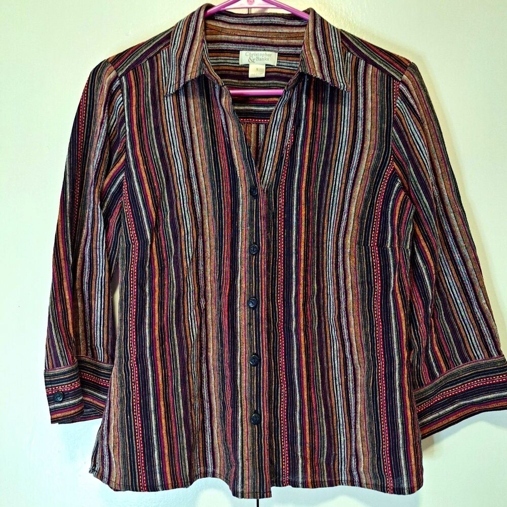 Christopher & Banks Striped Collared Button-Up 3/4 Sleeve Woven Top S